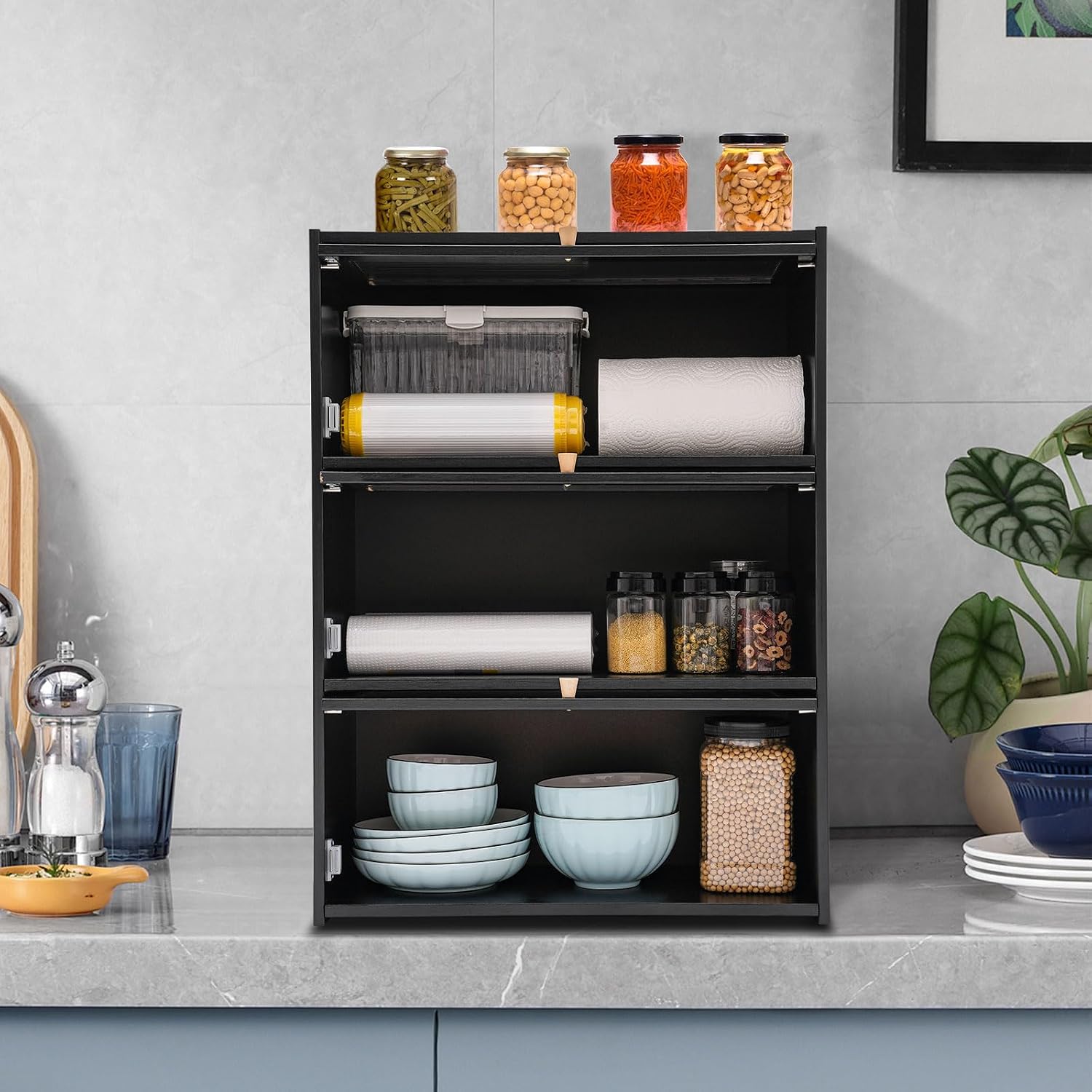 3 Tier Kitchen Pantry Storage Cabinet with with 2 Sliding Striped Glass Doors Console Dining Cupboard Modern Freestanding Bamboo Sideboard for Dining Room Kitchen Black (20.5x9.8x27.5inch)