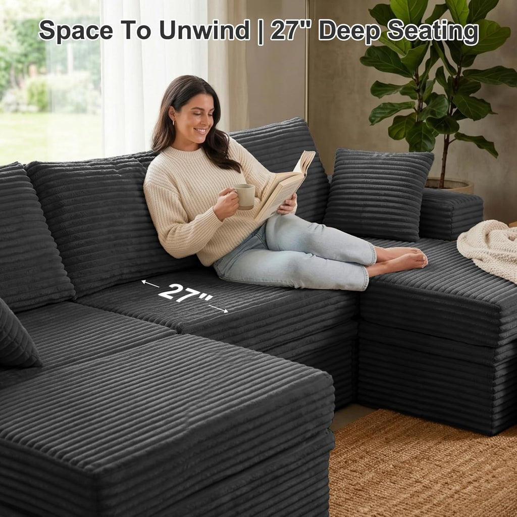 107'' Modular Sectional Sofa, Deep Seat Couch with Storage | Oversized High-Back for Living Room & RV | With Ottoman | High Density Foam & Corduroy | Tool-Free Assembly | Cozy Dark Gray