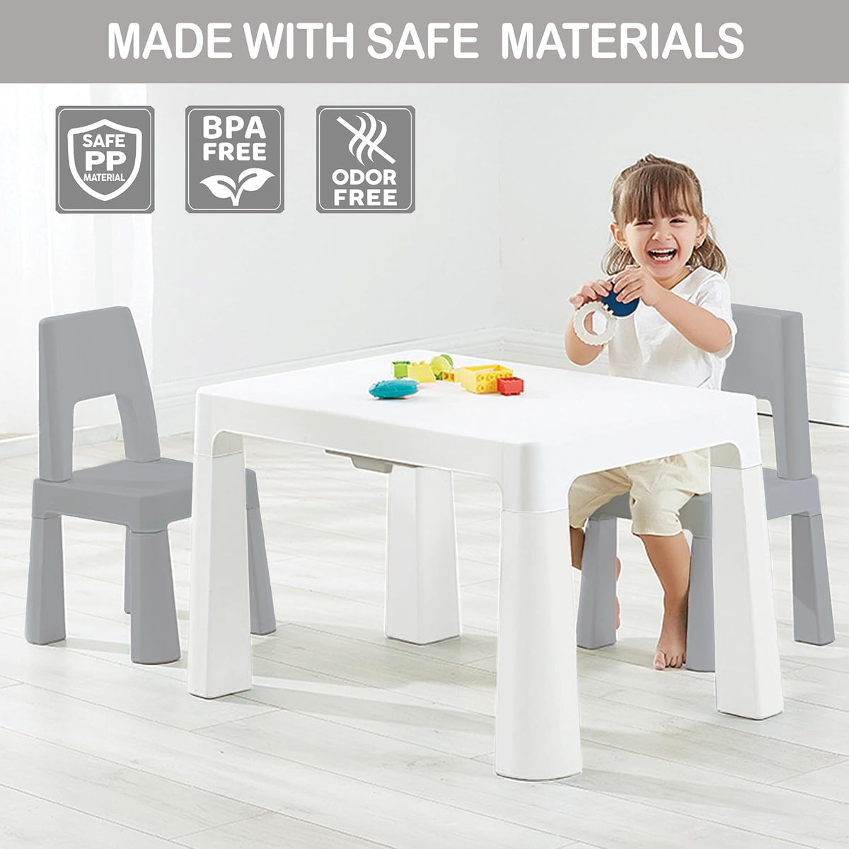 Little Twig 3-Piece Height Adjustable Kids Table and Chairs Set – Built-in Storage Drawers, Modern Design, Easy to Clean, Perfect for Eating, Activities, or Studying (Gray)