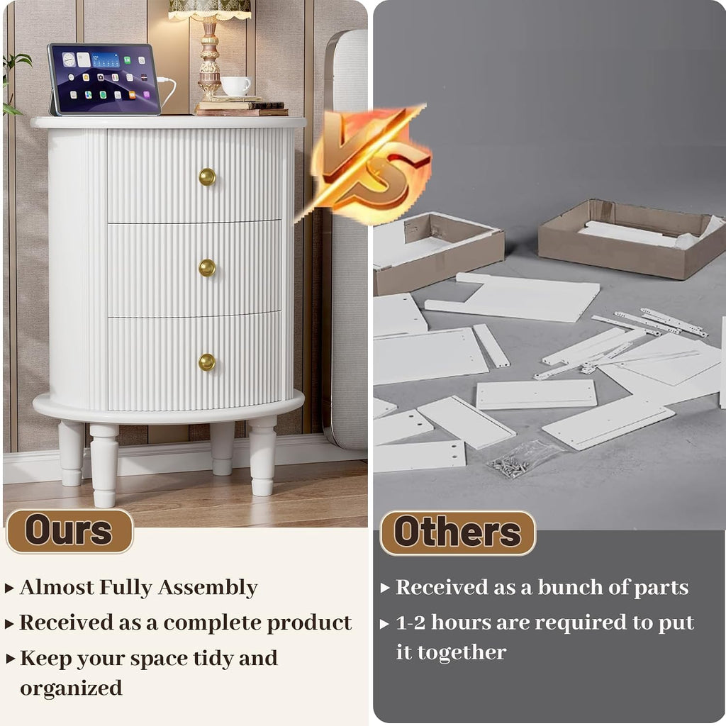 3 Drawers Nightstand, Wood End Table with Charging Station,Modern Round End Tables Living Room,Oval Side Table with Storage for Bedroom,Fully Assembled,White