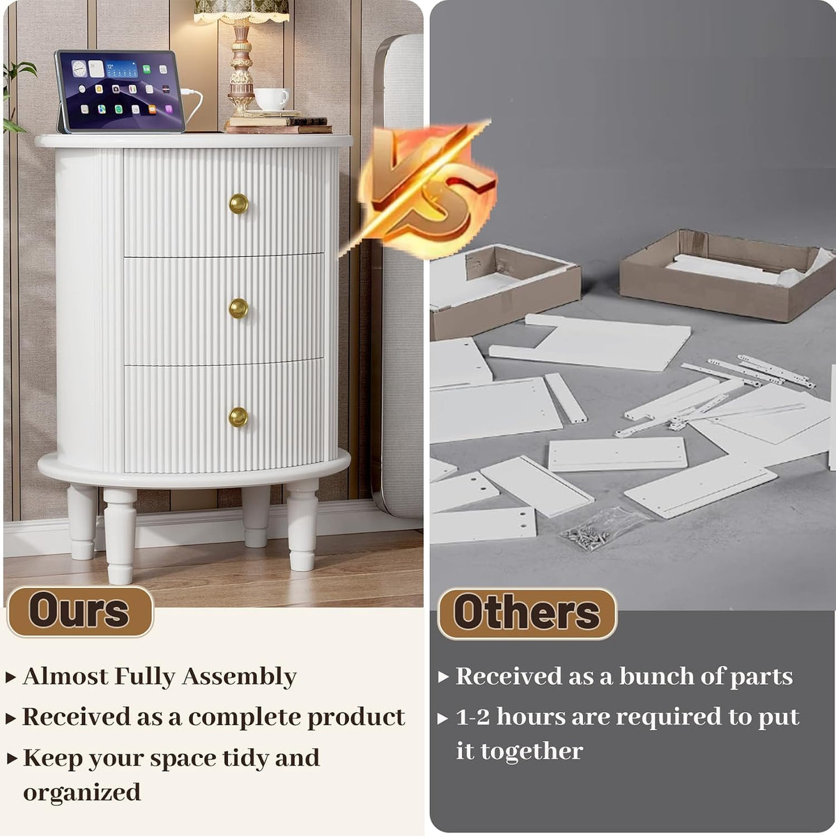 3 Drawers Nightstand, Wood End Table with Charging Station,Modern Round End Tables Living Room,Oval Side Table with Storage for Bedroom,Fully Assembled,White