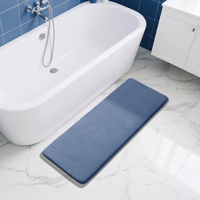 Yimobra Long Bath Mat 44"x24", Super Soft Quick Dry Memory Foam Bathroom Rug, Water Absorbent, Non Slip Backing Machine Washable for Tub Shower, Thick Comfort Support, Denim Blue