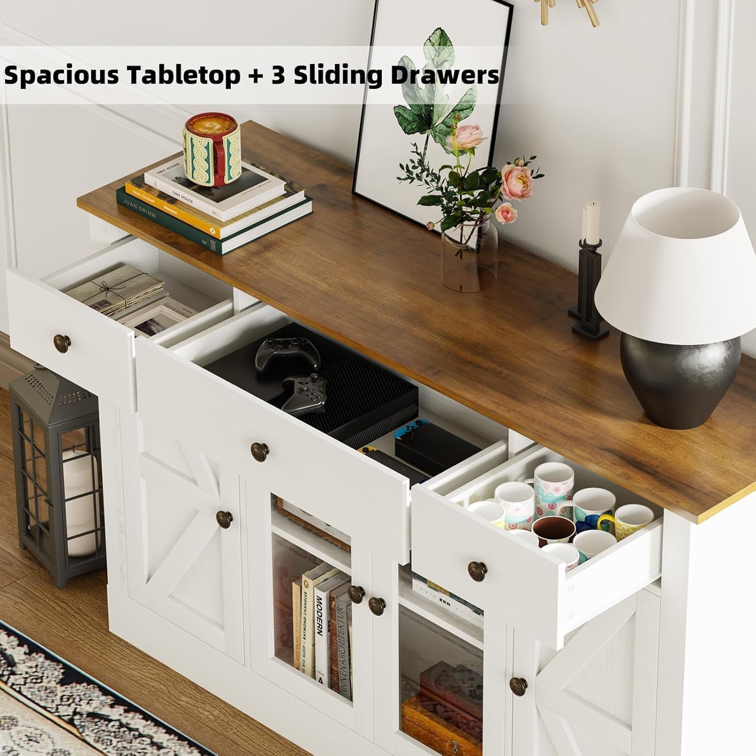 4 EVER WINNER 55" Large Buffet Cabinet with Storage, Coffee Bar Cabinet with 4 Doors and 3 Drawers, Kitchen Cabinet with Plexiglass Doors for Living Room, White