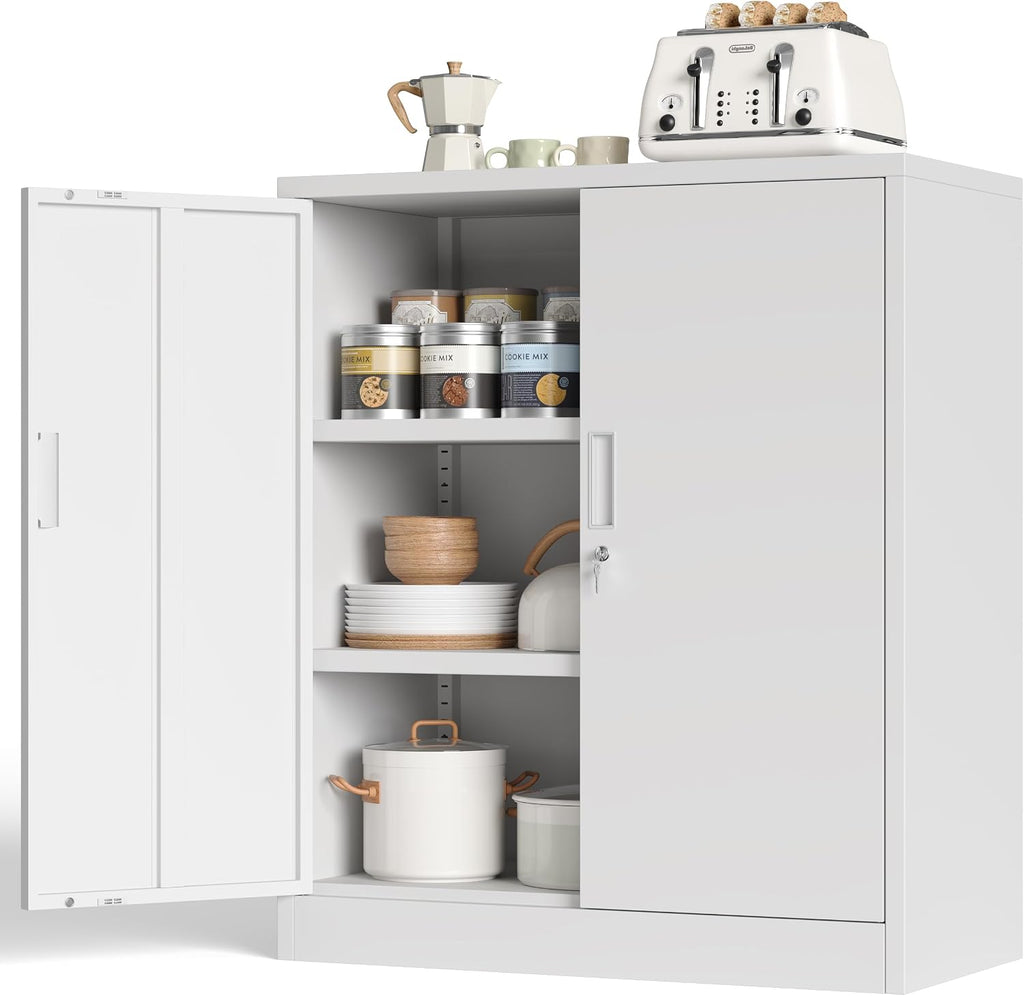 CJF Pantry Cabinet, Metal Pantry Storage Cabinets with Doors and 2 Adjustable Shelves, 36" H Locking Cabinet for Kitchen Storage, Home, Garage, Utility Room and Basement, White