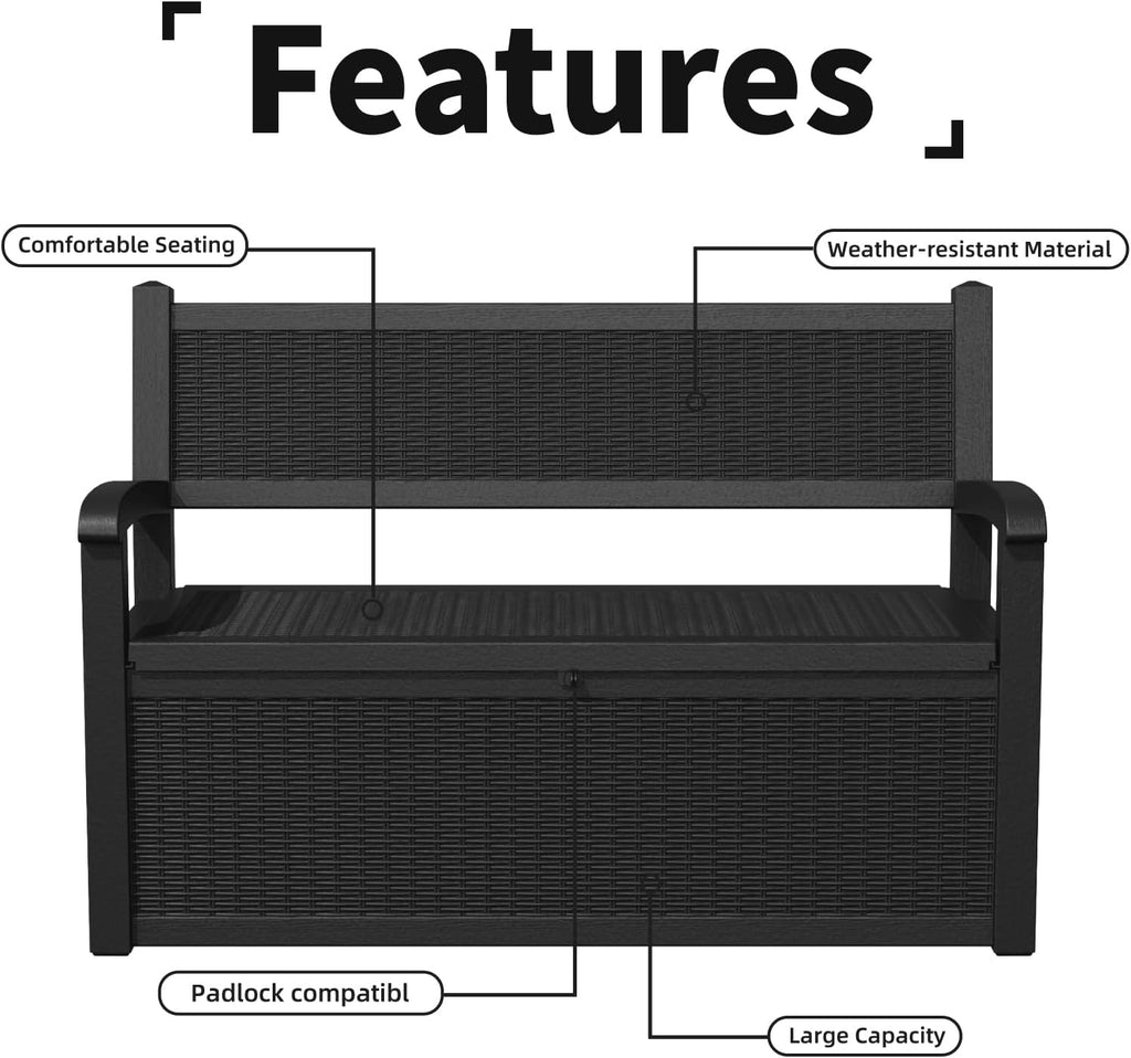 PatioZen 80 Gallon Outdoor Storage Bench Deck Box Waterproof Lockable,Outdoor Storage Furniture for Patio,Garden and Porch,Tools and Cushions（Black）