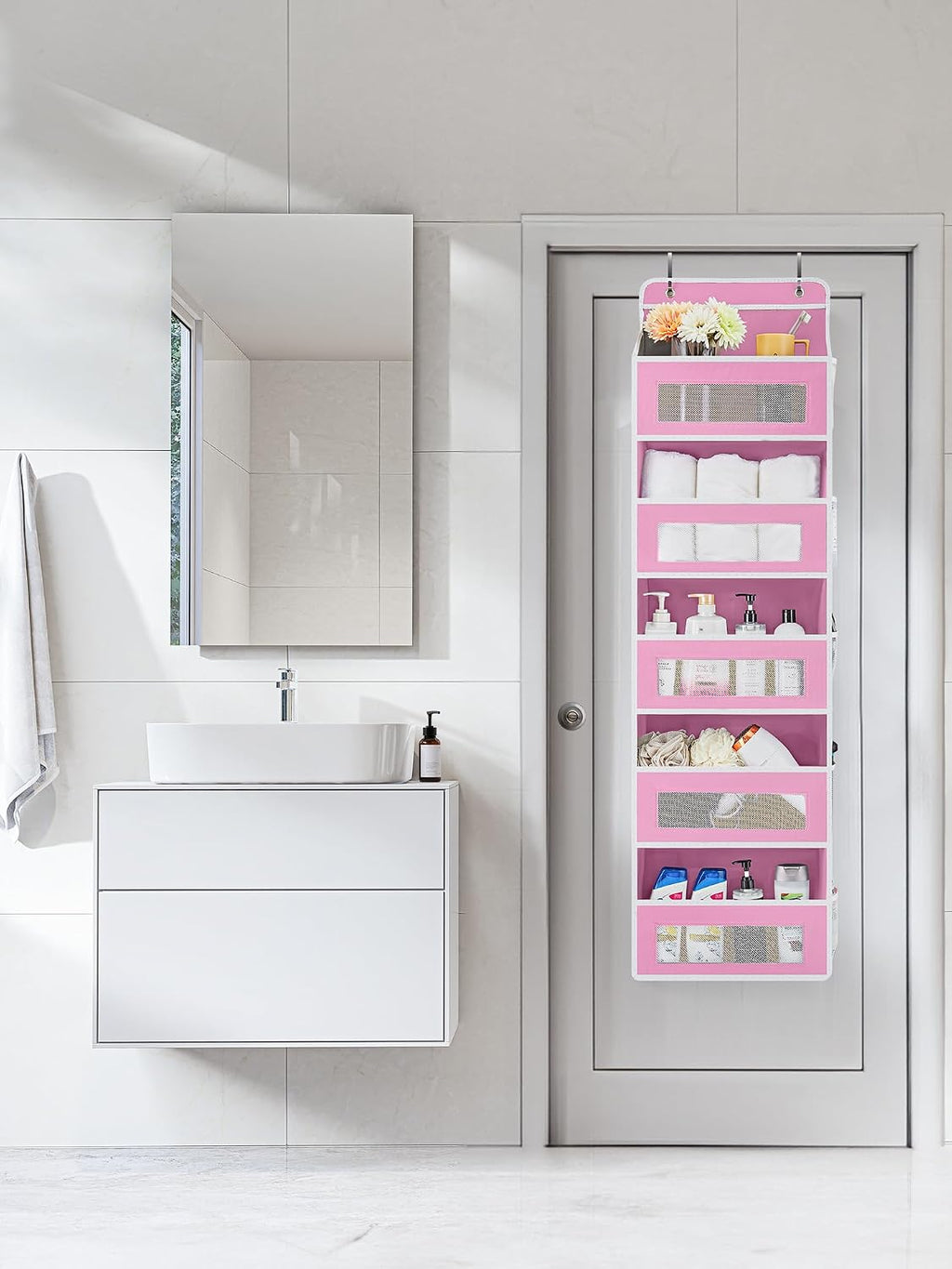 JARLINK Over the Door Organizer for Bedroom, Pantry, Bathroom, 5 Shelf Pink | Anti-Tilt Design, 44 lb Load Capacity, Hanging Door Organizer with 5 Large Capacity Pockets, Behind Door Storage for Nursery