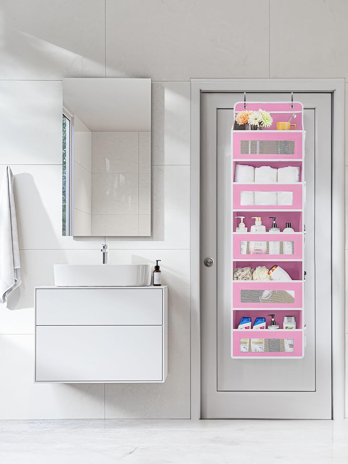 JARLINK Over the Door Organizer for Bedroom, Pantry, Bathroom, 5 Shelf Pink | Anti-Tilt Design, 44 lb Load Capacity, Hanging Door Organizer with 5 Large Capacity Pockets, Behind Door Storage for Nursery