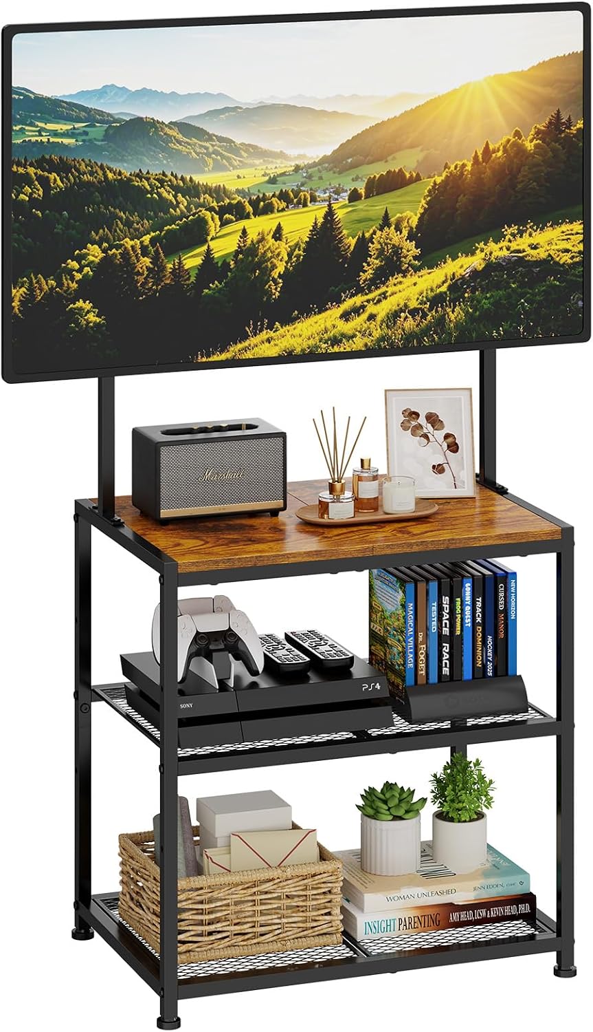 23 Inch to 50 Inch Floor Small Corner TV Stand with Storage Shelves for Living Room Bedroom, Universal Floor Television Stands with Mount, Rustic Brown Corner TV Table Desk Shelf for Small Space