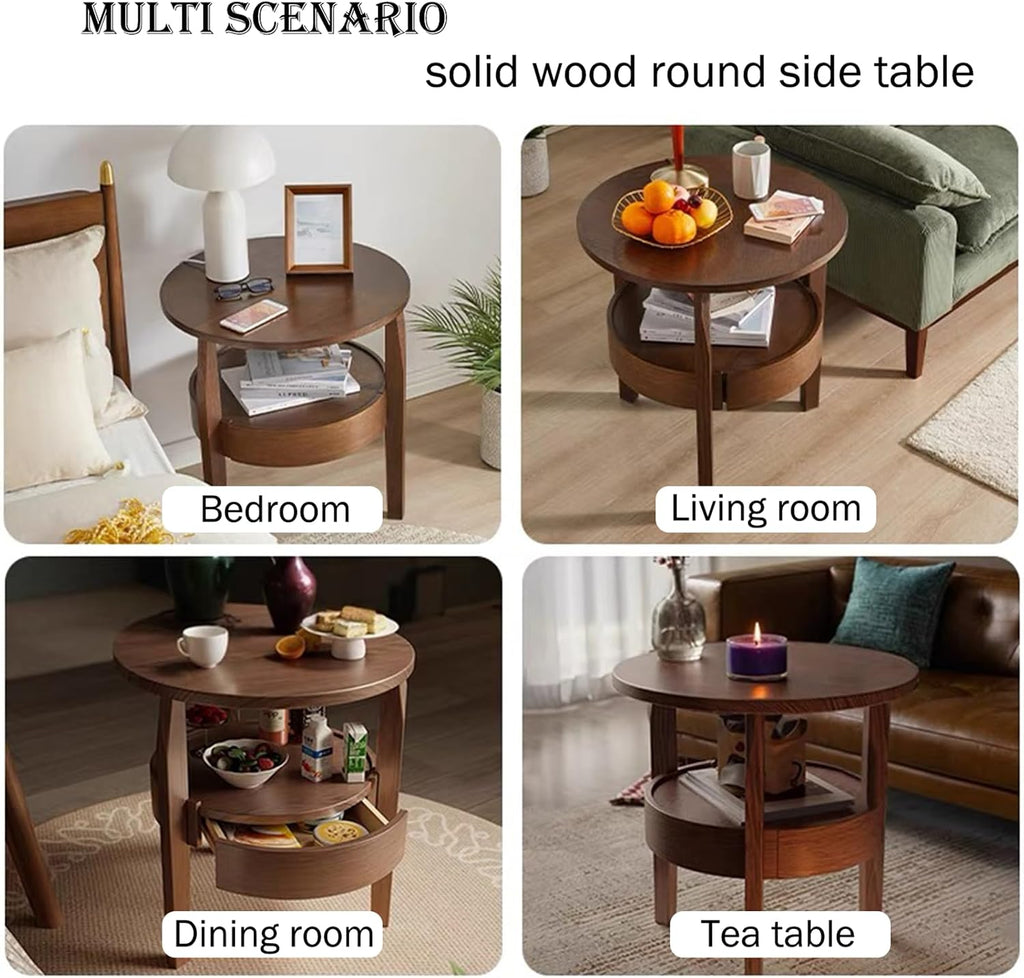 YUNMUAIR-Round Side Table with Drawer,2-Tier Vintage End Table with Storage,Natural Solid Wood Nightstand,19.69-inch Tall Side Tables,Mid-Century Modern End Tables for Living Room,Bedroom