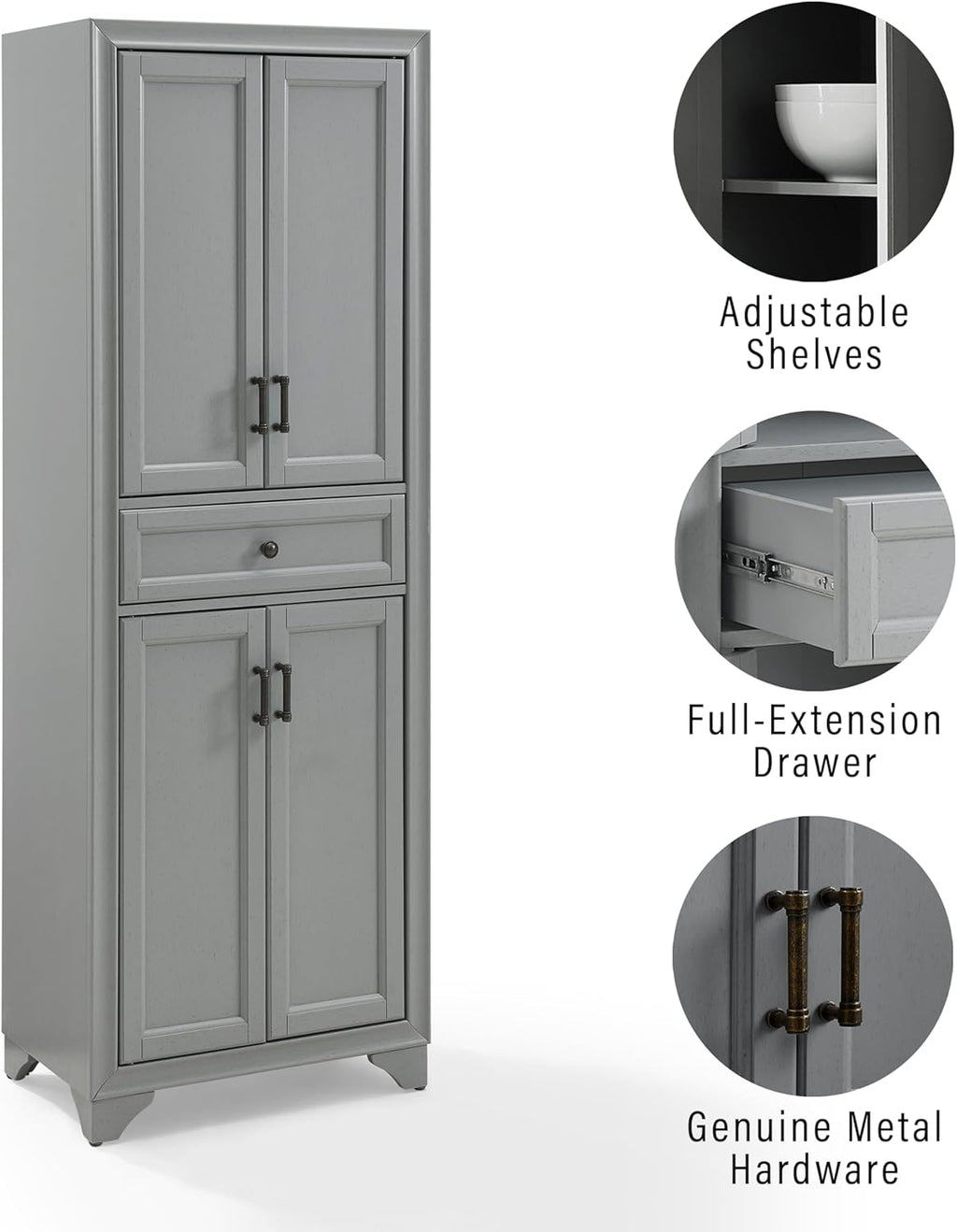 Crosley Furniture Tara Pantry Storage Cabinet with Shelves, Kitchen, Dining, or Laundry Room, Distressed Gray