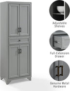 Crosley Furniture Tara Pantry Storage Cabinet with Shelves, Kitchen, Dining, or Laundry Room, Distressed Gray