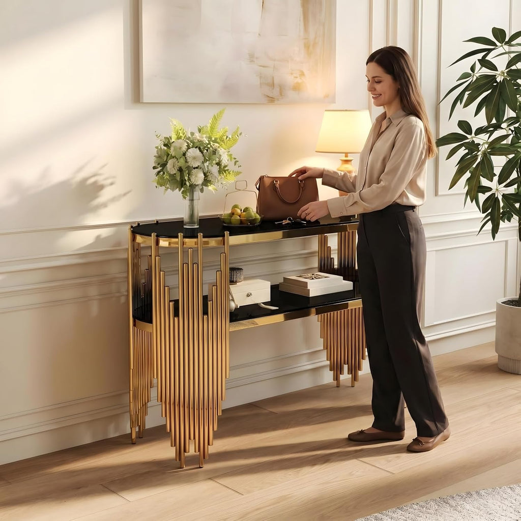 Luxury Gold Console Table with 2-Tier Black Tempered Glass Shelves, 47" Modern Oval Entryway Table with Polished Stainless Steel Frame for Hallway & Living Room & Behind Couch
