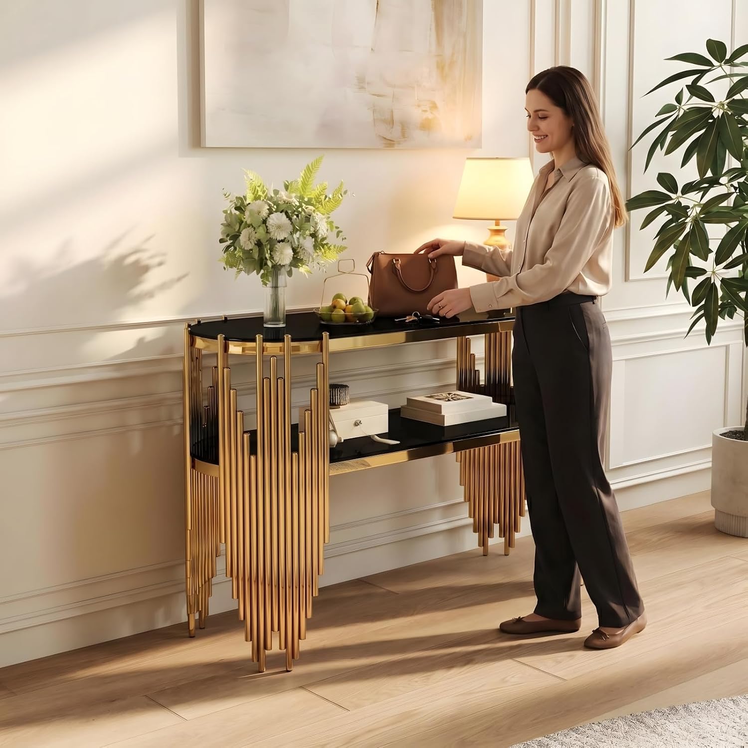 Luxury Gold Console Table with 2-Tier Black Tempered Glass Shelves, 47" Modern Oval Entryway Table with Polished Stainless Steel Frame for Hallway & Living Room & Behind Couch