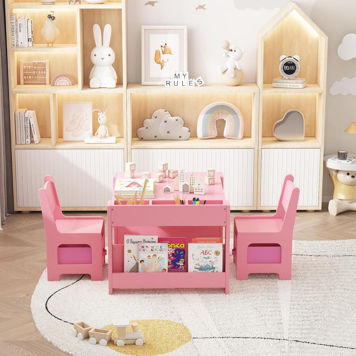 Kids Table and Chair Set - 4 in 1 Wooden Activity Table & 2 Chairs, Storage Drawer, Detachable Tabletop, for Drawing, Reading, Crafts, Art, Homework