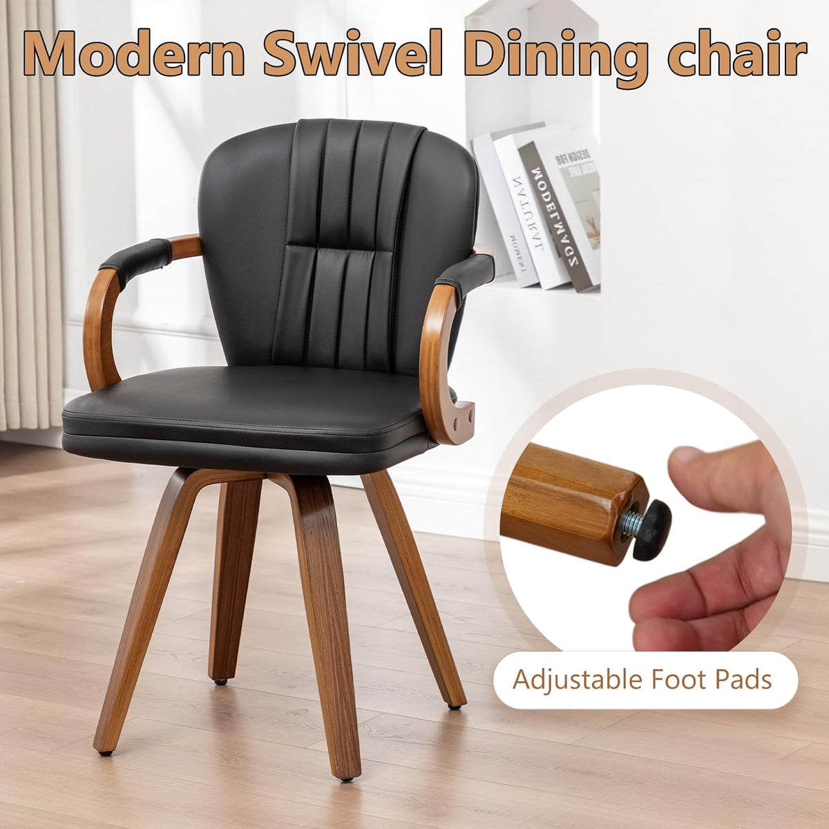 Swivel Dining Chairs Set of 4 Mid Century Modern Black Faux Leather Upholstered Kitchen Chairs with Bentwood Frame Armrests Side Chairs,Comfortable Ergonomic Wood Accent Chair No Wheels