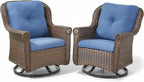 Patio Chairs Outdoor Swivel Glider - Set of 2 High Back Outside Brown Wicker Rattan Rocking Chair with Thick Cushion for Porch Apartment Deck Yard Poolside Garden - Navy Blue