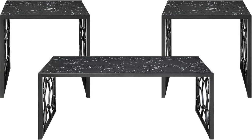 Polay 3pc Stylish Occasional Table Set Marble Print Tempered Glass Top | Features marble print tempered glass tops, metal base with lower shelf for storage. Ideal for modern living room, office