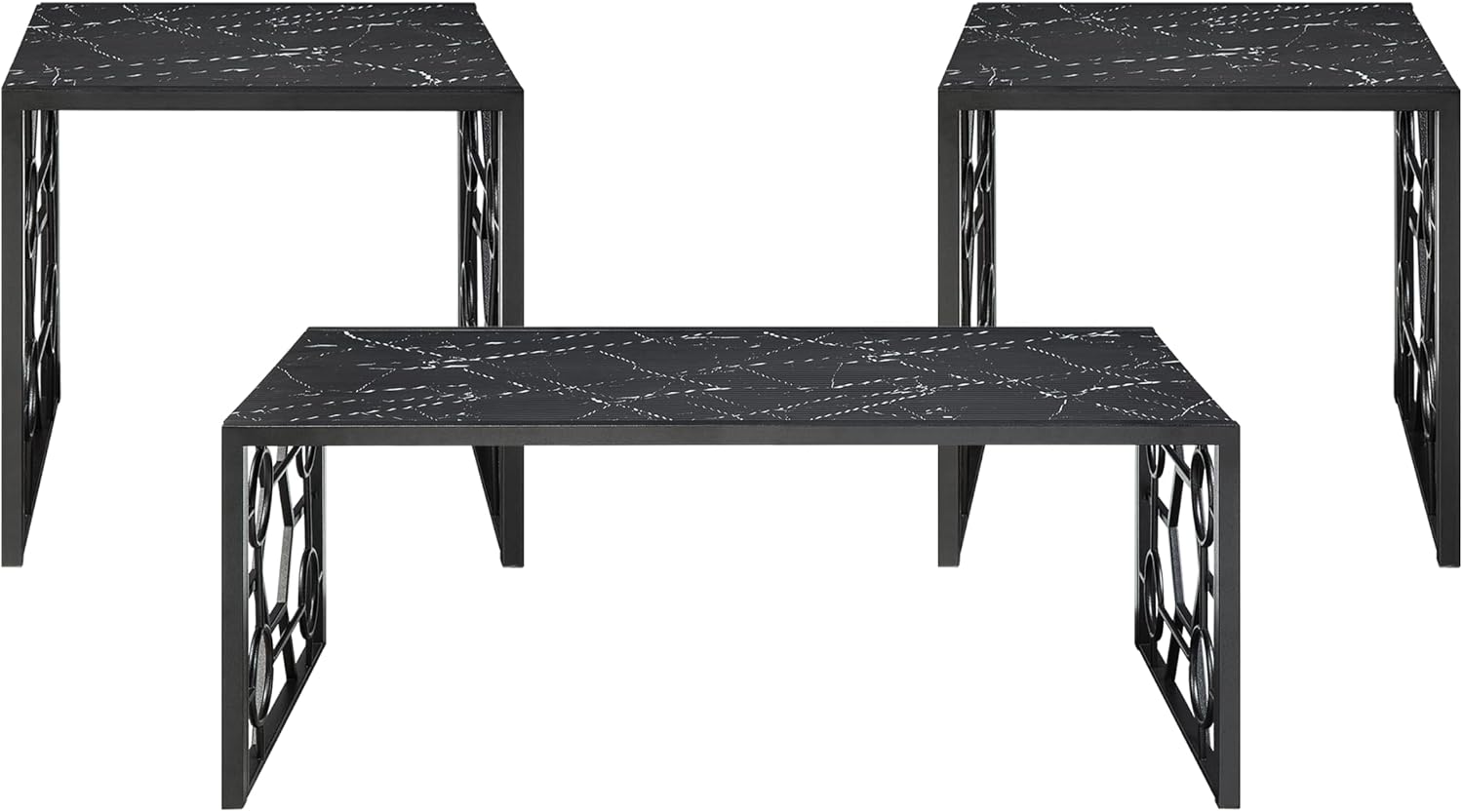 Polay 3pc Stylish Occasional Table Set Marble Print Tempered Glass Top | Features marble print tempered glass tops, metal base with lower shelf for storage. Ideal for modern living room, office