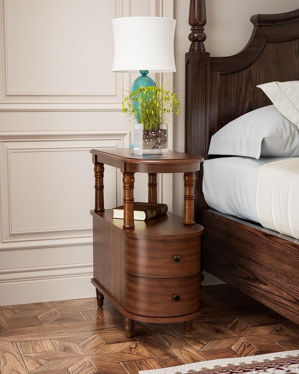 Biaco Solid Wood End Table with 2 Drawers & Shelf - Cherry Walnut Vintage Narrow Side Table, Pre-Assembled Slim Nightstand for Bedroom/Living Room (23.4" Dx11.4 Wx25.3 H), BG-A508-CY