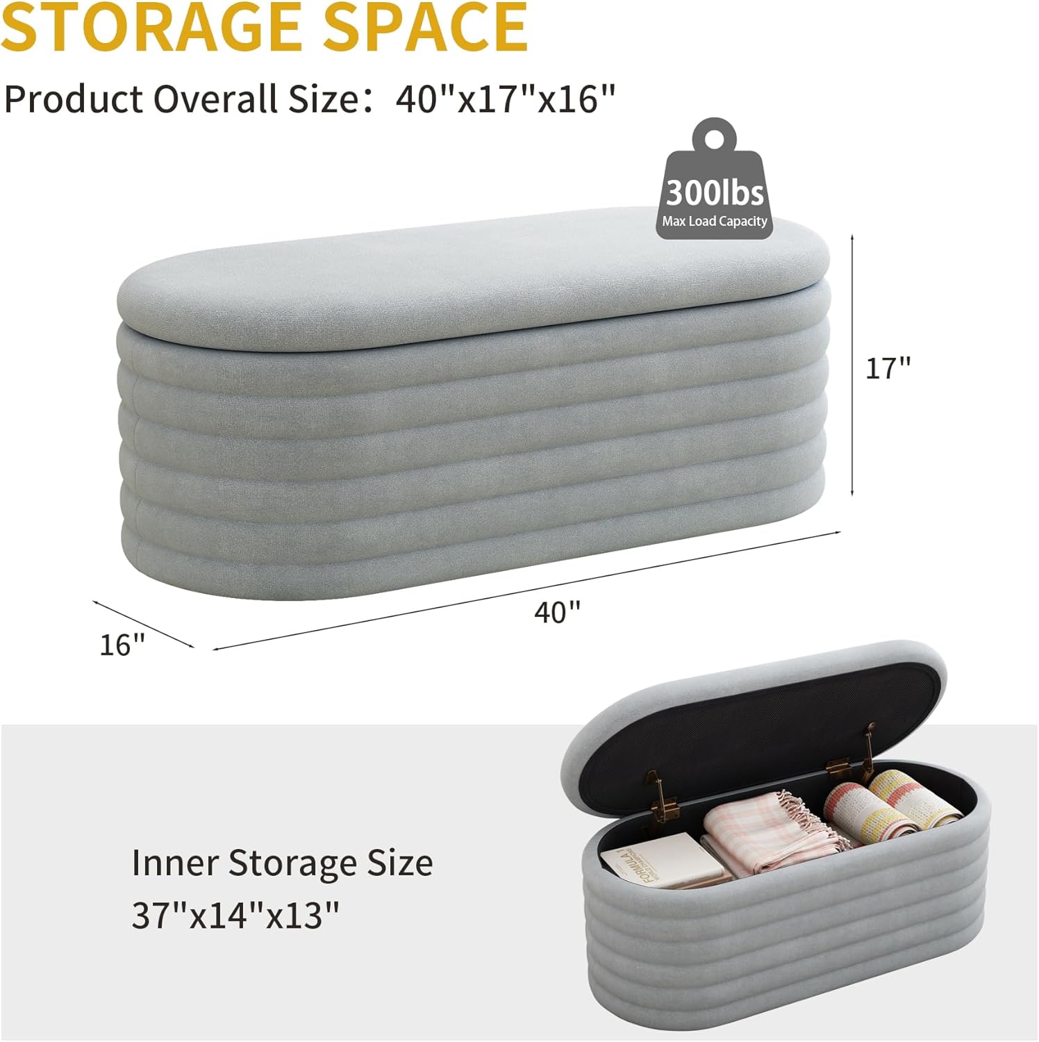40 inch Upholstered Storage Ottoman Bench,Ready to go,Light Grey
