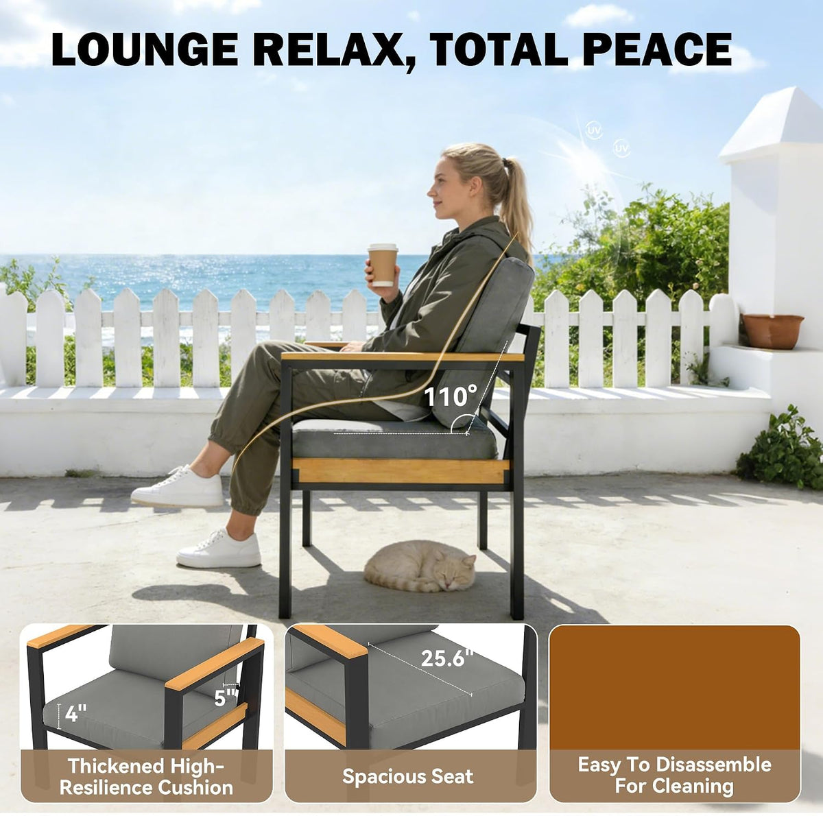 HOMREST Aluminum Patio Furniture Set, Heavy Duty Metal Outdoor Bench for 3 Person, 3-Seat All-Weather Metal Outdoor Patio Furniture with Cushions, (Dark Grey)
