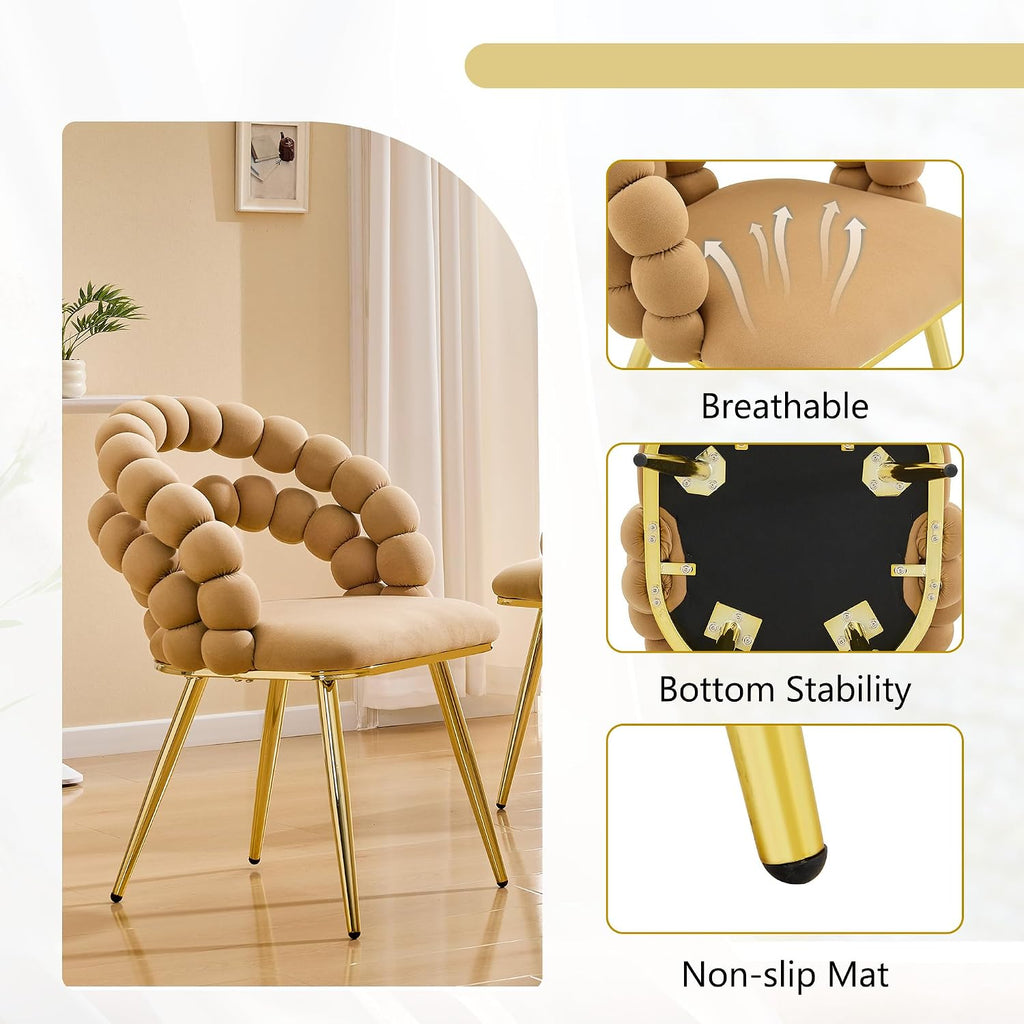 Aoowow Bubble Ball Chain Chairs, Contemporary Luxury Kitchen Chairs, Handcrafted Backrest, Lumbar Support, Modern Velvet Dining Chairs with Gold Legs for Kitchen, Dining Room (Brown, 4 Chairs)