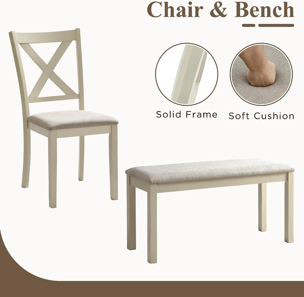 LUXOAK 6 Piece Solid Wood Dining Table Set with 60" Farmhouse Table | Solid Wood Table, 4 Upholstered Chairs, Bench Included, Seating for 6, Cream White Finish