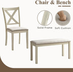 LUXOAK 6 Piece Solid Wood Dining Table Set with 60" Farmhouse Table | Solid Wood Table, 4 Upholstered Chairs, Bench Included, Seating for 6, Cream White Finish