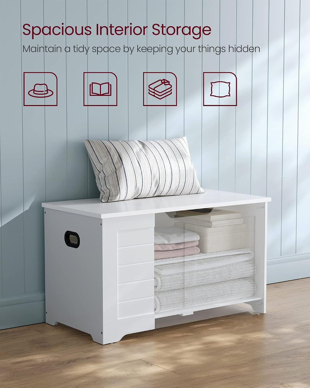 VASAGLE Storage Chest, 31.5 Inches Width Bench with 2 Safety Hinges | Farmhouse Style, for Entryway, Bedroom, Living Room, Cloud White, SOFIE Collection ULSB063T14