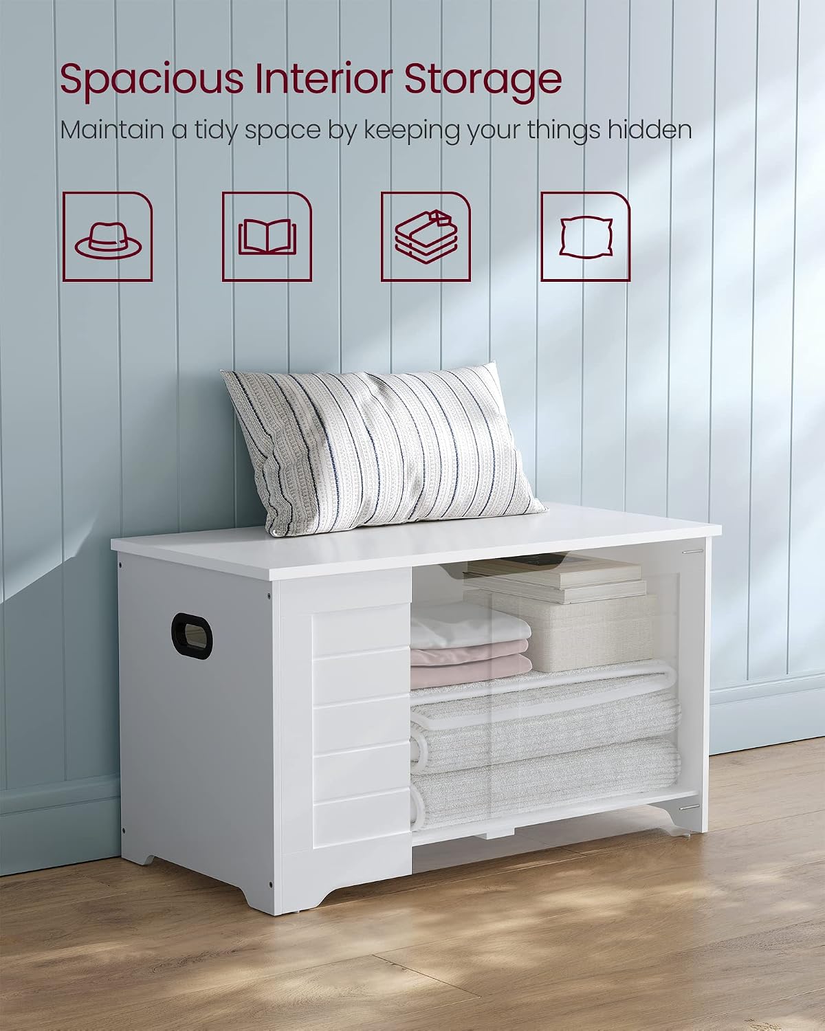 VASAGLE Storage Chest, 31.5 Inches Width Bench with 2 Safety Hinges | Farmhouse Style, for Entryway, Bedroom, Living Room, Cloud White, SOFIE Collection ULSB063T14
