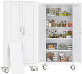 71" H Metal Pantry Storage Cabinet with Wheels,Rolling Kitchen Pantry Cabinet with 2 Doors and 4 Adjustable Shelves, Locker Steel Cabinet,Organization Cabinet for Garage,Home,Gym,School,White