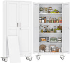 71" H Metal Pantry Storage Cabinet with Wheels,Rolling Kitchen Pantry Cabinet with 2 Doors and 4 Adjustable Shelves, Locker Steel Cabinet,Organization Cabinet for Garage,Home,Gym,School,White