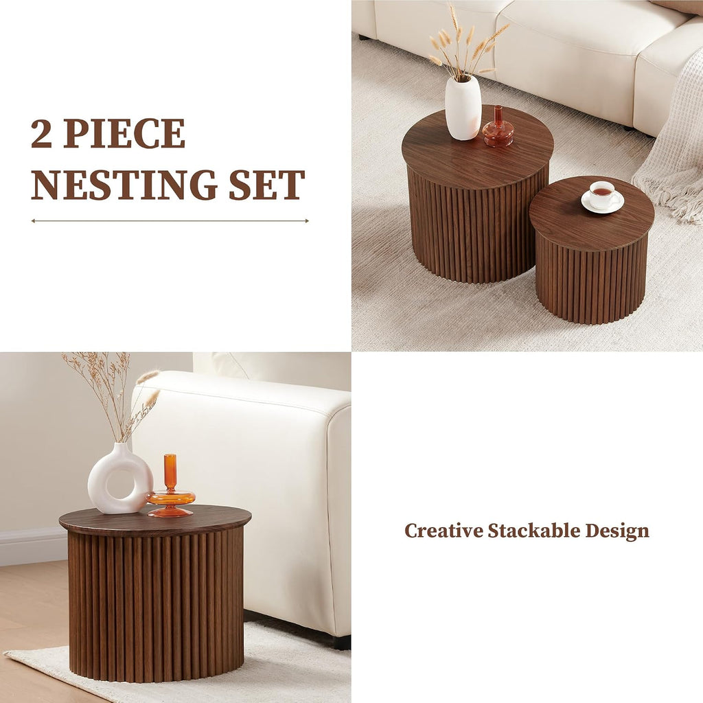 AVZEAR Round Nesting Coffee Table Set of 2, Small Fluted Coffee Table Circle Side Table, Mid Century Modern Wood Nesting Tables Farmhouse End Table Set for Living Room, Bedroom, Small Spaces(Walnut)