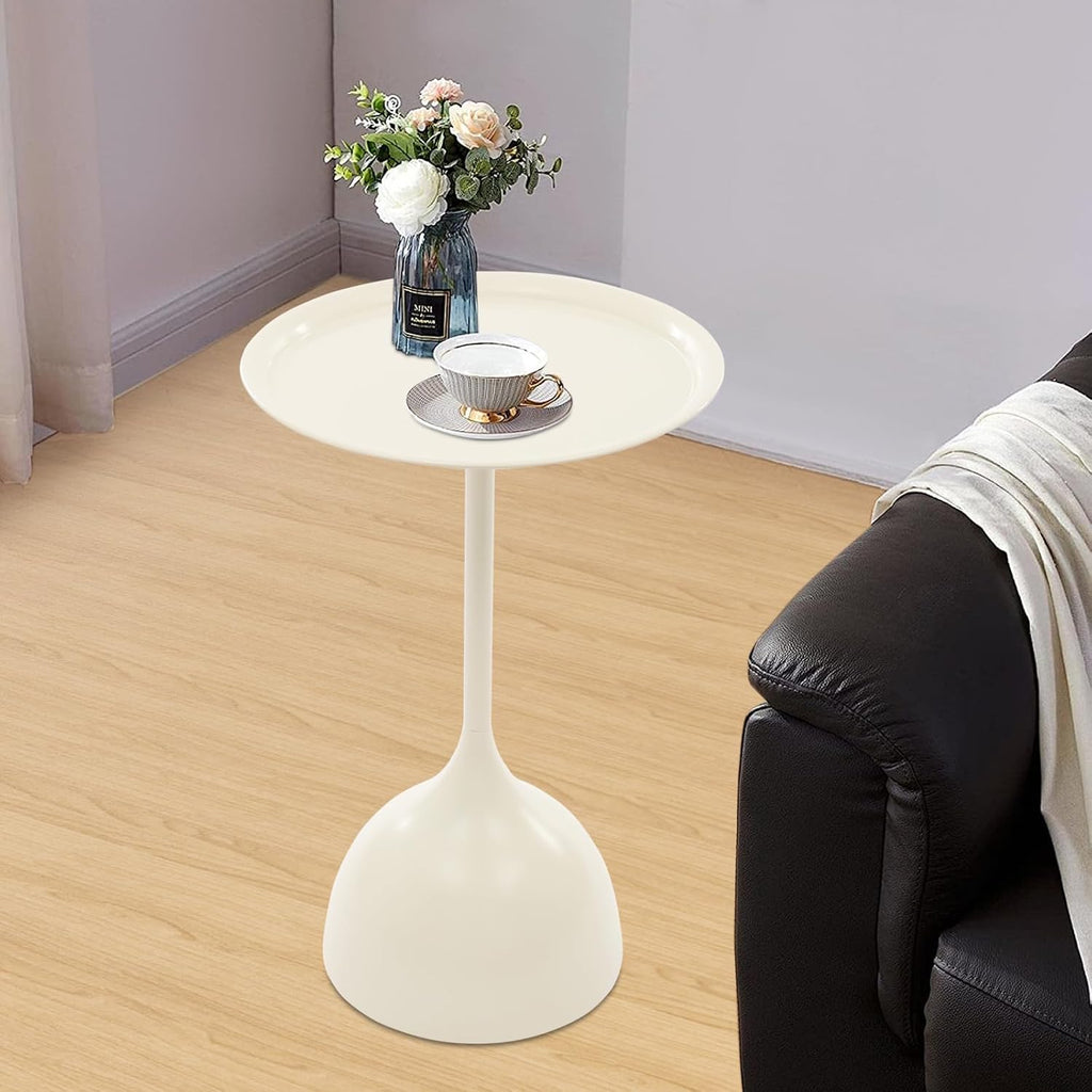 Small End Table, 15.75" Round Bedside Table with Industrial Iron Frame, Space-Saving Accent Table for Living Room & Bedroom, Fluted Circle Decorative Drink Martini Tables (Cream White)