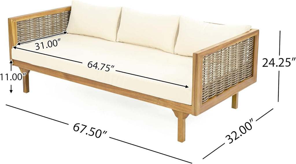 Merax Outdoor Acacia Wood Conversation Set - Patio 3-Seat Loveseat Sofa w/Coushion and Round Coffee Table for Backyard, Lawn, Balcony, Teak+Beige