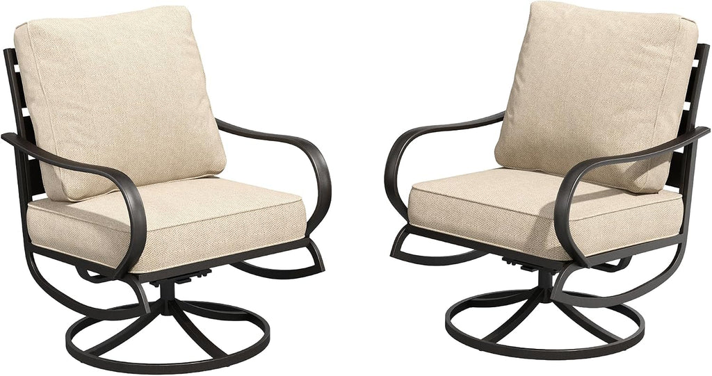 PHI VILLA Metal Swivel Patio Chairs Set of 2, High Back Steel Outdoor Chairs with 5.75" Extra Thick Cushion, 2 Piece All Weather Deep Seat Outdoor Front Porch Seating Furniture for Deck Balcony, Beige