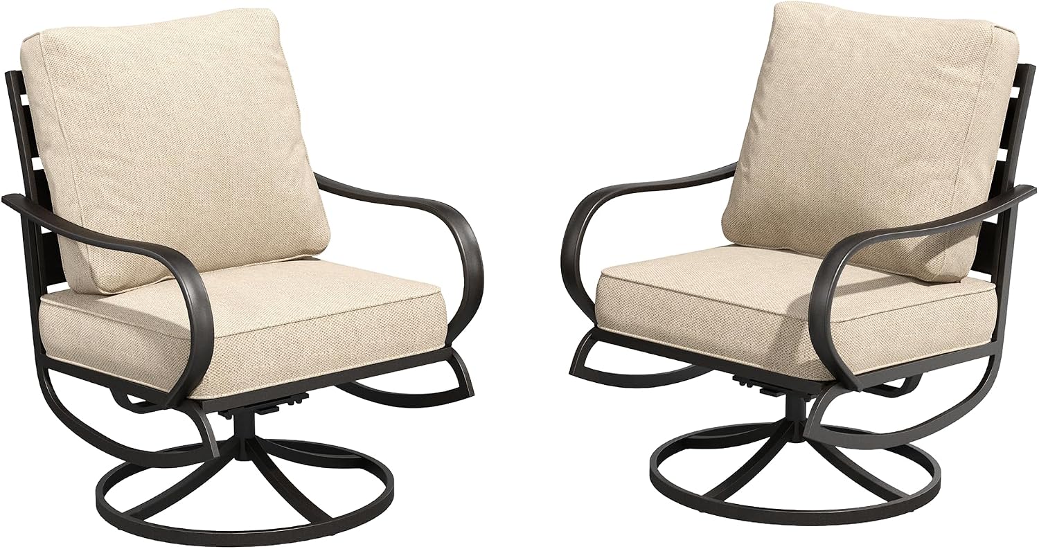 PHI VILLA Metal Swivel Patio Chairs Set of 2, High Back Steel Outdoor Chairs with 5.75" Extra Thick Cushion, 2 Piece All Weather Deep Seat Outdoor Front Porch Seating Furniture for Deck Balcony, Beige