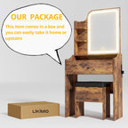 LIKIMIO Small Vanity Desk with Mirror Lights and Storage Stool | Vintage brown compact vanity with 3 light modes, charging station, storage drawer, 3 shelves and upholstered stool