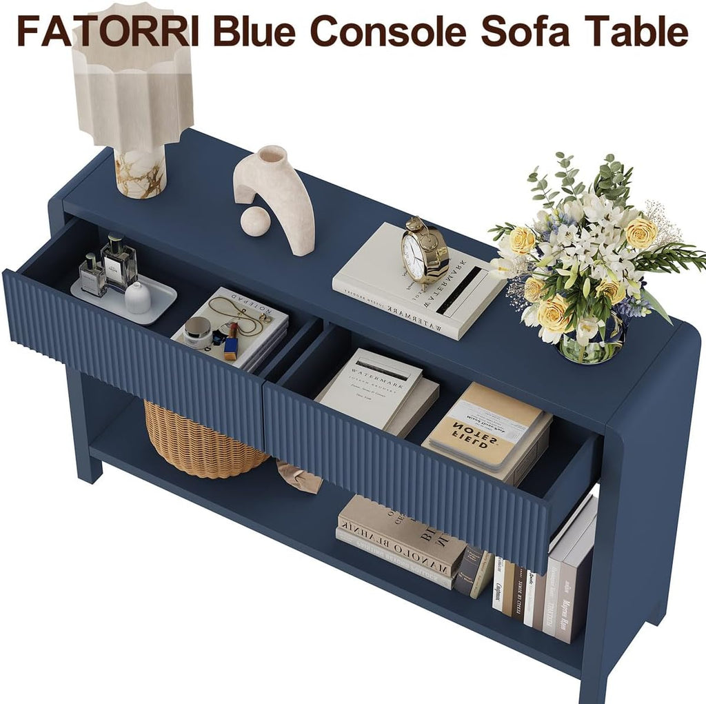 FATORRI Console Sofa Table for Entryway, 47.2 Inch Wood Hallway Tables for Living Room, Modern Couch Table behinde Sofa with 2 Drawers for Foyer Storage (Blue)