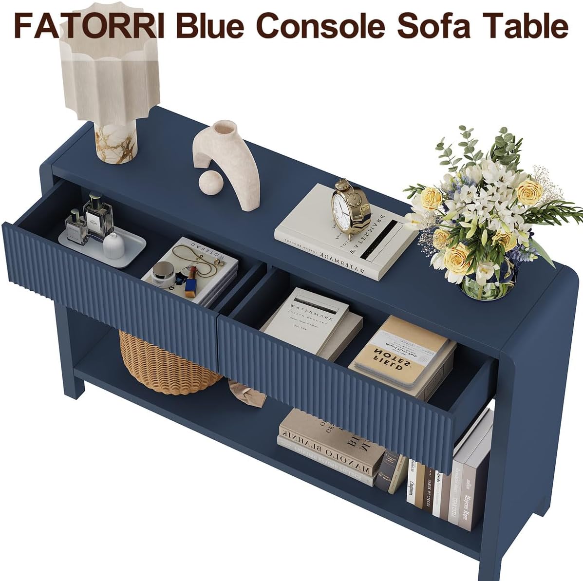 FATORRI Console Sofa Table for Entryway, 47.2 Inch Wood Hallway Tables for Living Room, Modern Couch Table behinde Sofa with 2 Drawers for Foyer Storage (Blue)