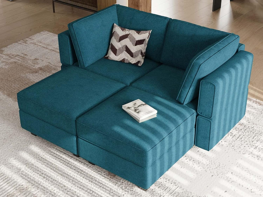 Bellfin Modular Sectional Sleeper Sofa Convertible Sofas with Storage Ottomans Small Sectional Couches for Living Room. Peacock Blue Couch