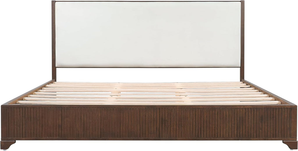 King Size Wood Platform Bed with Fluted Footboard & Fabric Upholstered Headboard, Low Profile Wooden Bed Frame with Wood Slats Support, Dark Walnut,White