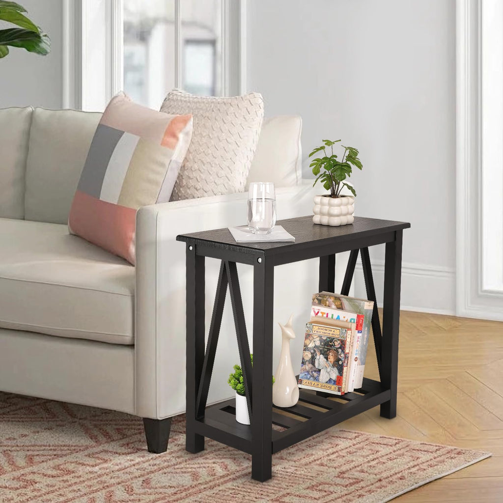 Narrow Side Table with Storage Shelf 2 Tier Wooden Nightstand Bedside Tables for Small Spaces Black Modern Accent Sofa Side Tables for Couch Living Room Bedroom Entryway