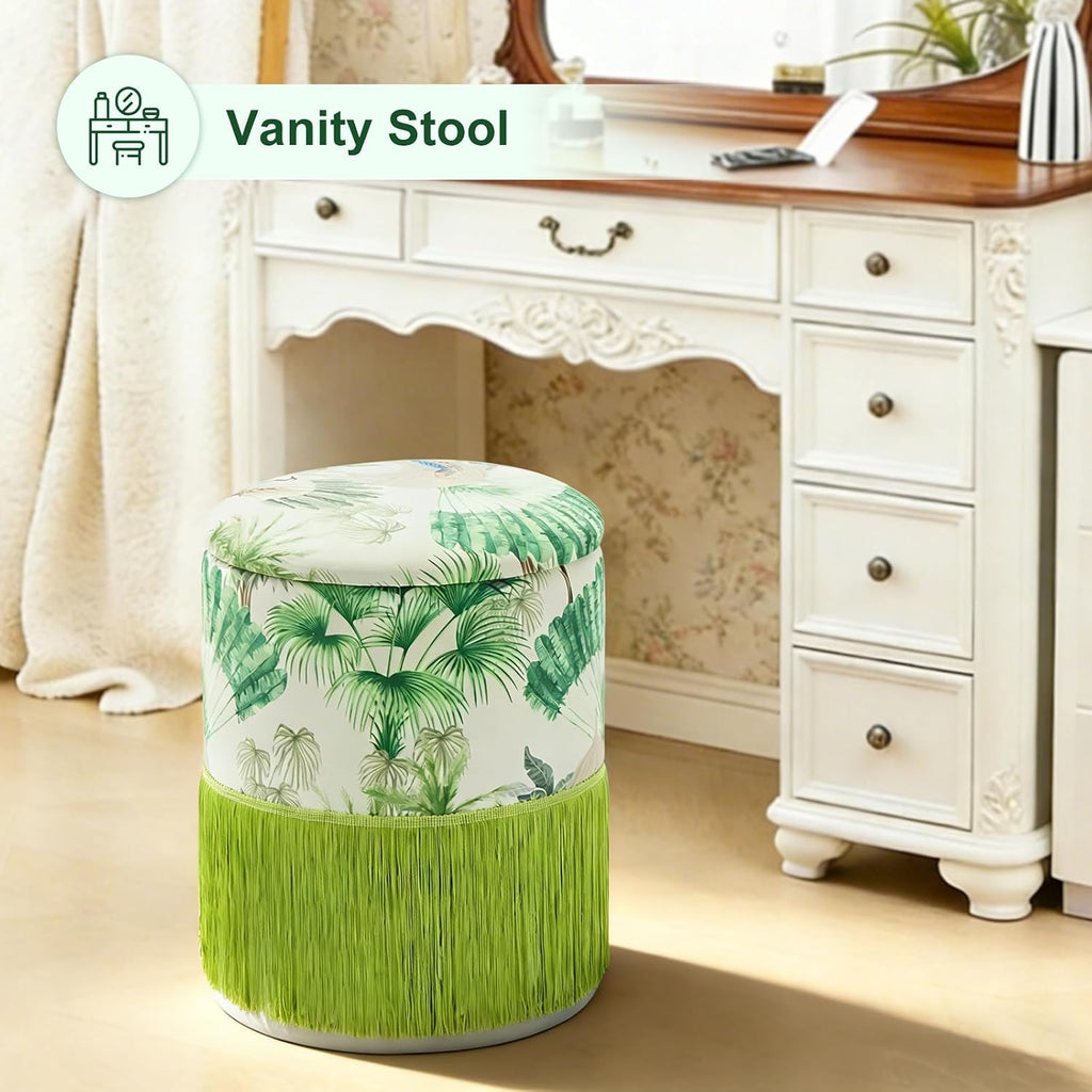 Round Fringe Ottoman with Storage, Farmhouse Tassel Velvet Footrest Stool, Flip Top Vanity Ottoman Chair for Living Room Bedroom