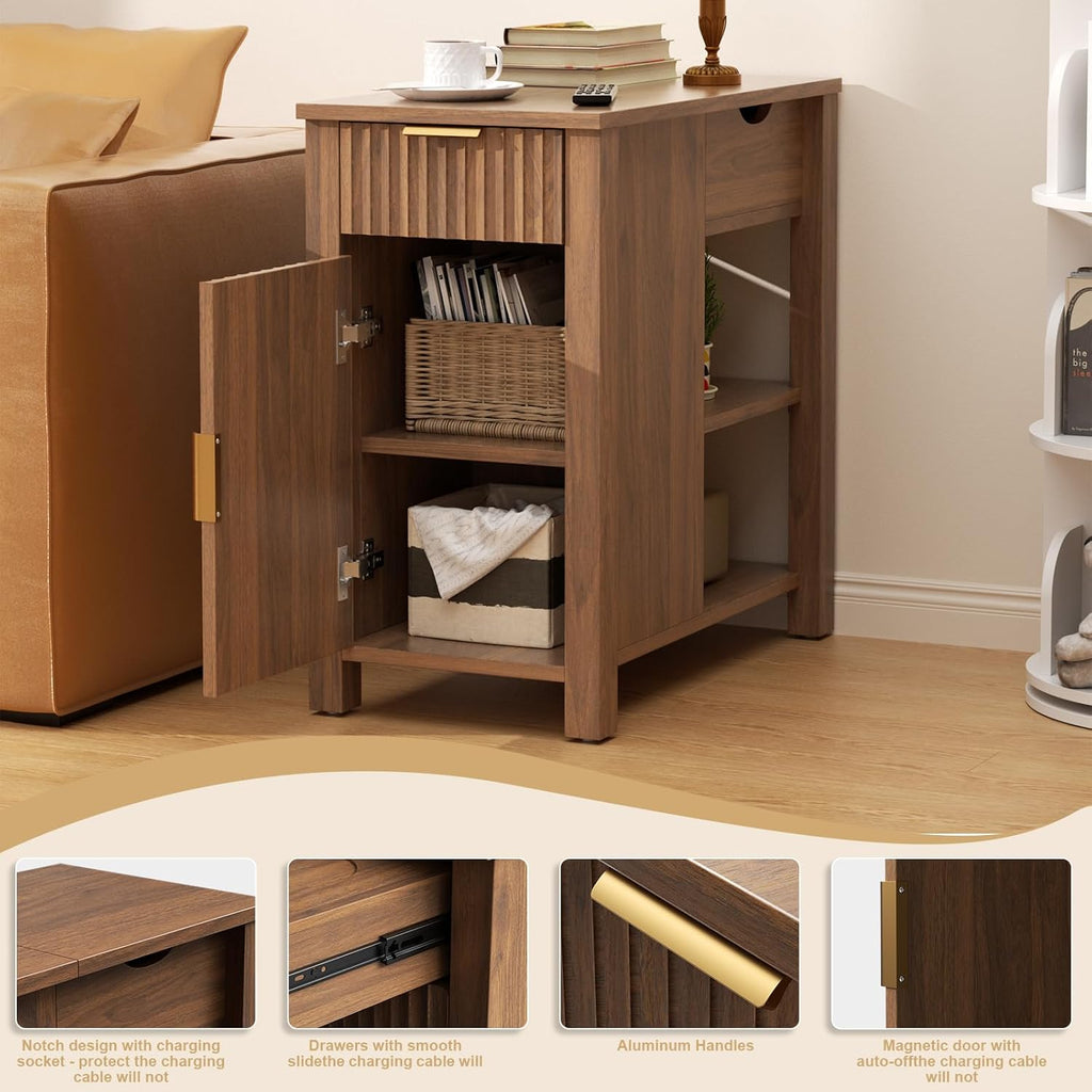 End Table with Charging Station 24'' Nightstand with Charging Station Vintage Side Table with Storage Wooden Sofa Side Table and Outlets Bedside Table for Living Room Office Bedroom (Brown)