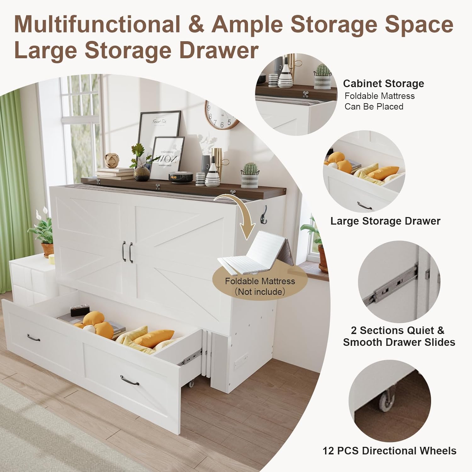 KCGKCG Full Size Murphy Bed with Storage & Charging Station, Murphy Cabinet Bed with Drawer for Guest Bedroom, Living Room, Office or Small Room, Full Foldable Platform Bed (White, Full)