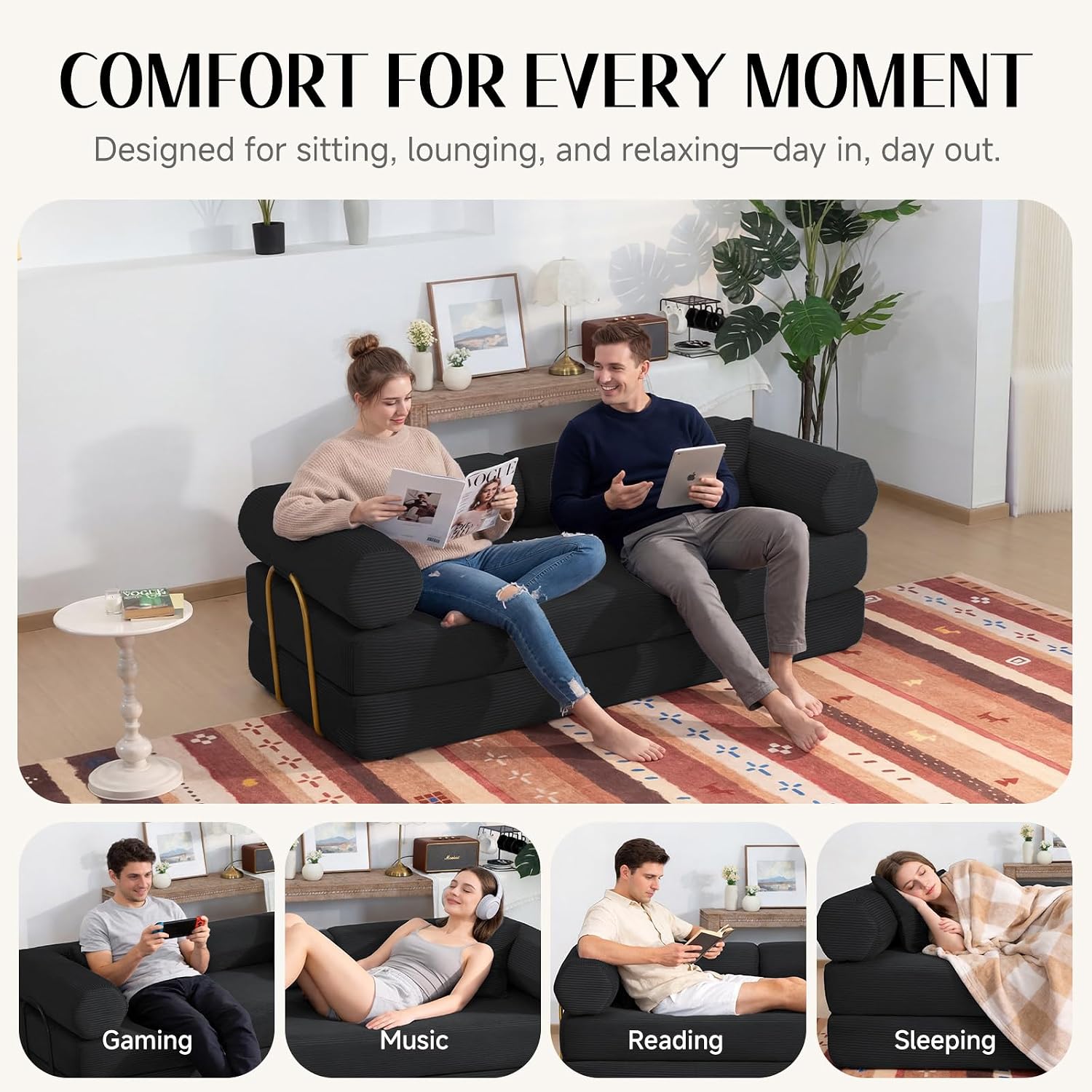 79" Corduroy Sofa Bed, Couch in a Box with 2 Pillows, High-Density Foam 4-in-1 Foldable Sleeper Futon Loveseat for Small Spaces, No Assembly, Side Pockets, Hex Arm Black