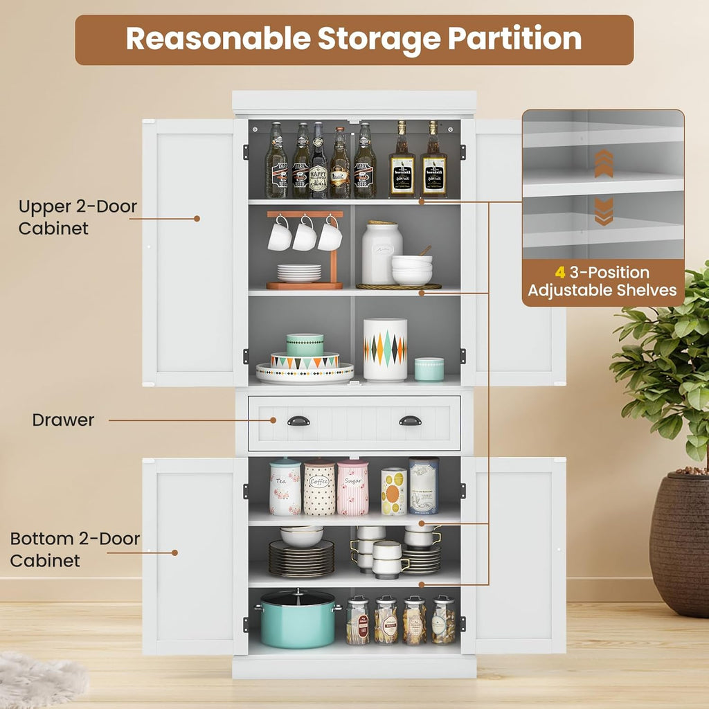 Giantex Pantry Organizers and Storage, 72" Tall Kitchen Cabinet with 2-Door Cabinets & Drawer, Buffet Sideboard w/Adjustable Shelves, Wooden Freestanding Cupboard for Dining Room Living Room (White)