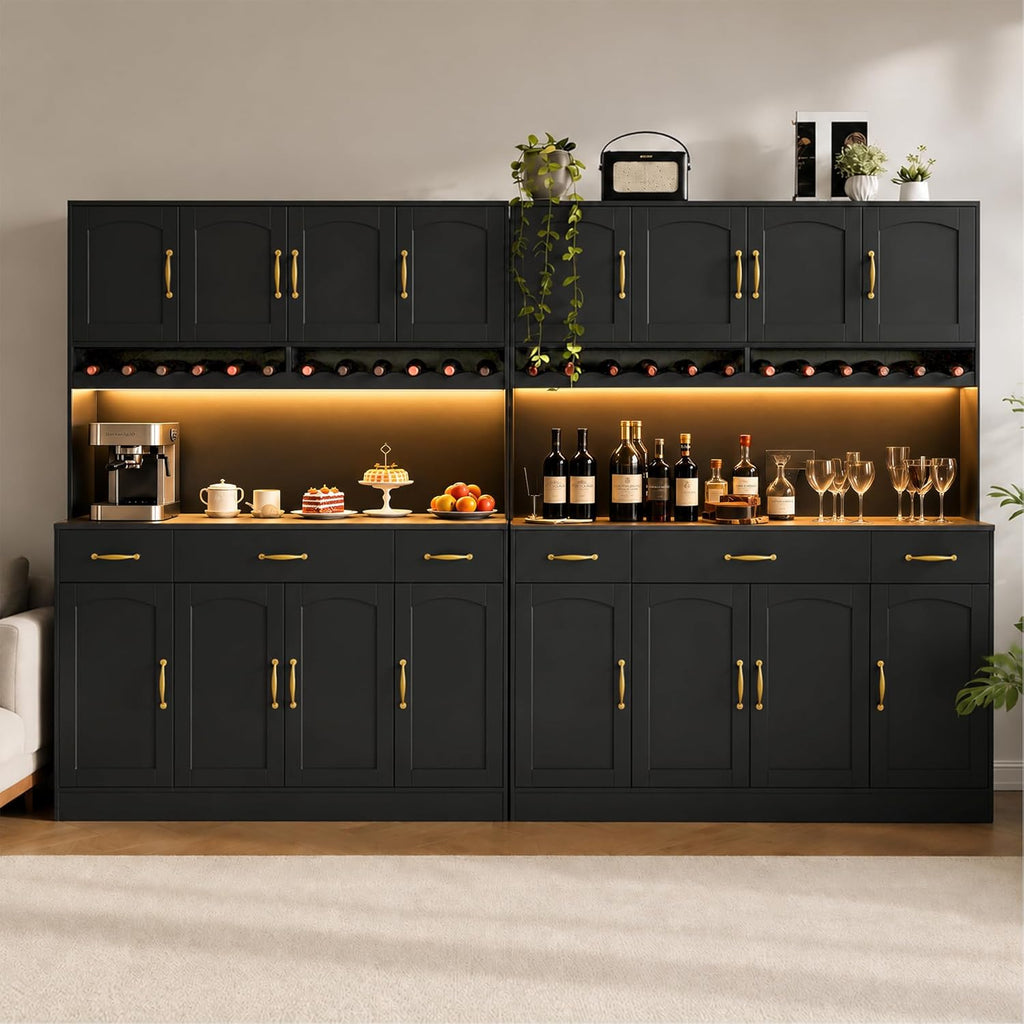 72" Tall Kitchen Pantry Cabinet with Charging Station 55" Wide Kitchen Hutch Cabinet with LED Light and Countertop Large Kitchen Cabinet with Adjustable Shelves and Wine Rack Black