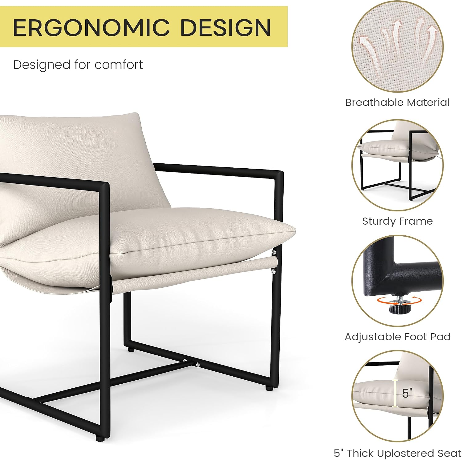Kromax Sling Accent Chair, Set of 2, Cozy Living Room Chairs, Beige | Cozy Living Room Chairs, Square Metal Frame, Upholstered Soft Cushion, Sponge, 27.6"x27.6“x32.3, Easy Assembly
